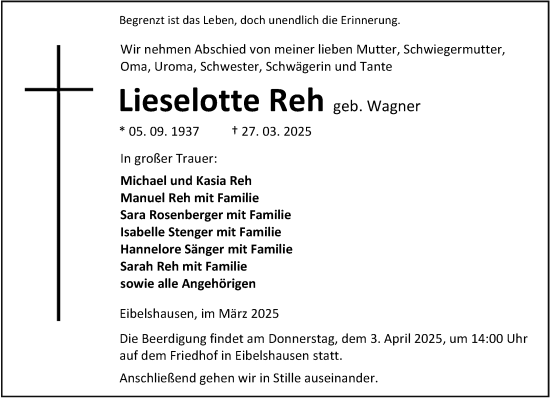 Traueranzeige von Lieselotte Reh von Dill Block