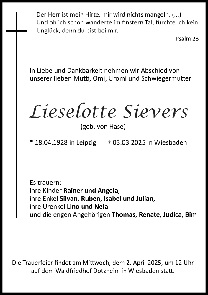  Traueranzeige für Lieselotte Sievers vom 22.03.2025 aus Wiesbadener Kurier