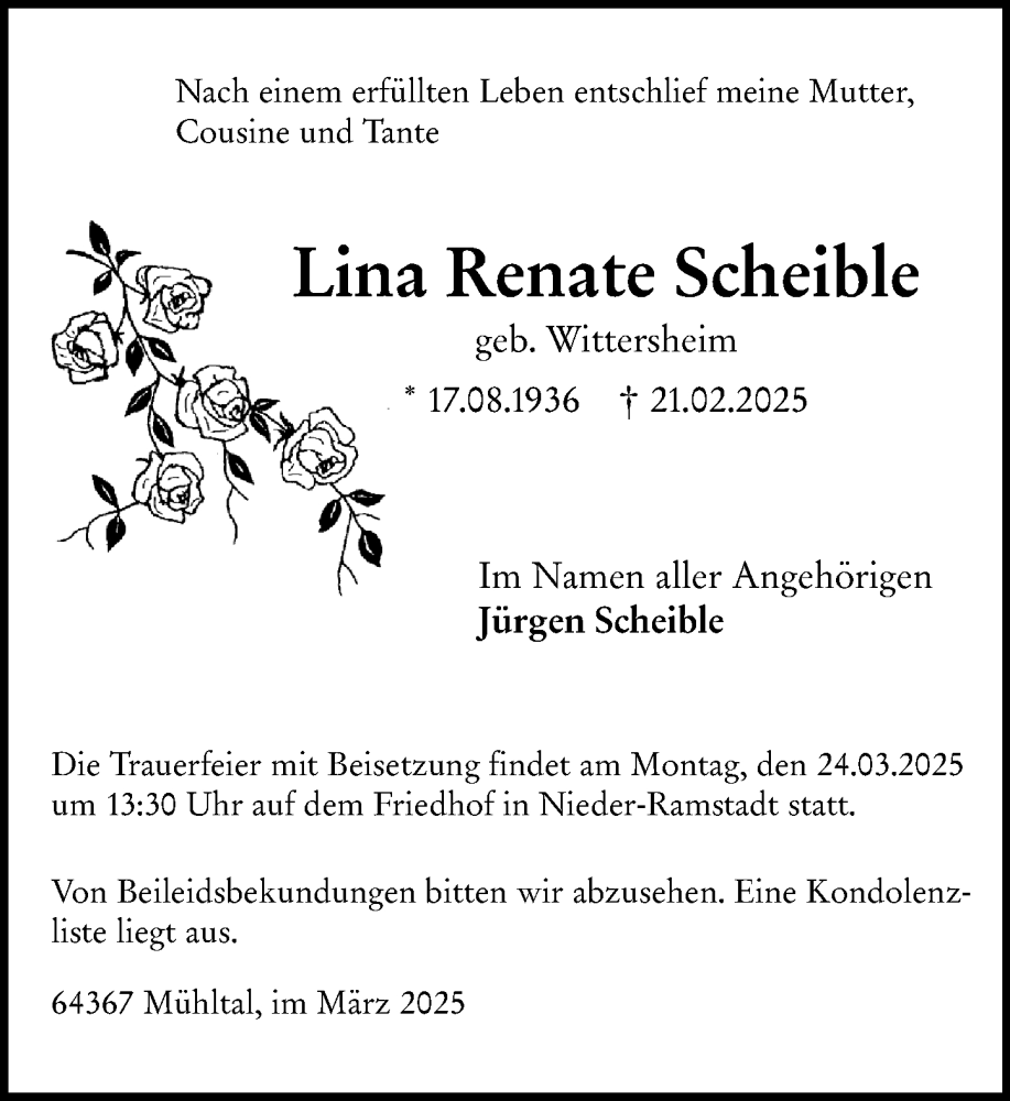  Traueranzeige für Lina Renate Scheible vom 08.03.2025 aus Darmstädter Echo