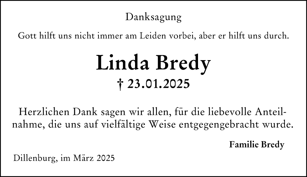  Traueranzeige für Linda Bredy vom 15.03.2025 aus Dill Block