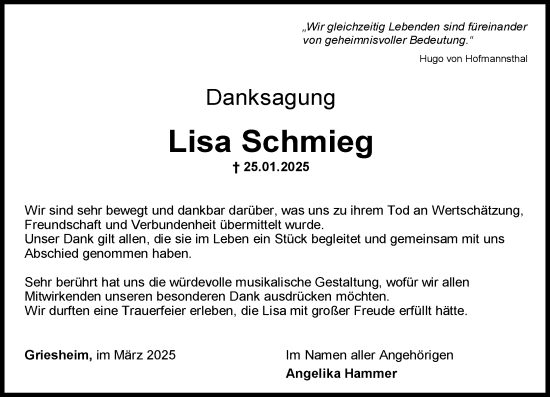 Traueranzeige von Lisa Schmieg von Darmstädter Echo