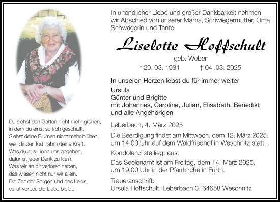 Traueranzeige von Liselotte Hoffschult von Starkenburger Echo