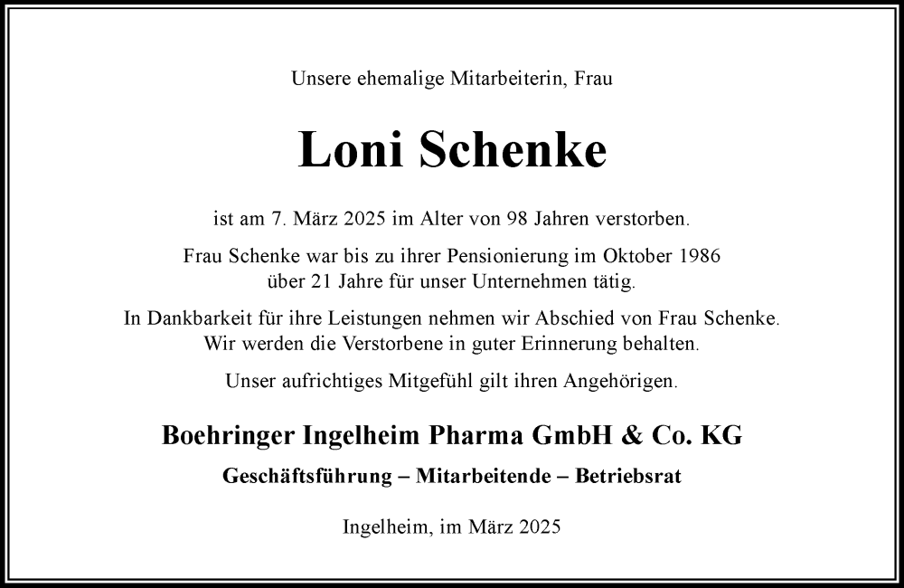  Traueranzeige für Loni Schenke vom 18.03.2025 aus Allgemeine Zeitung Rheinhessen-Nahe