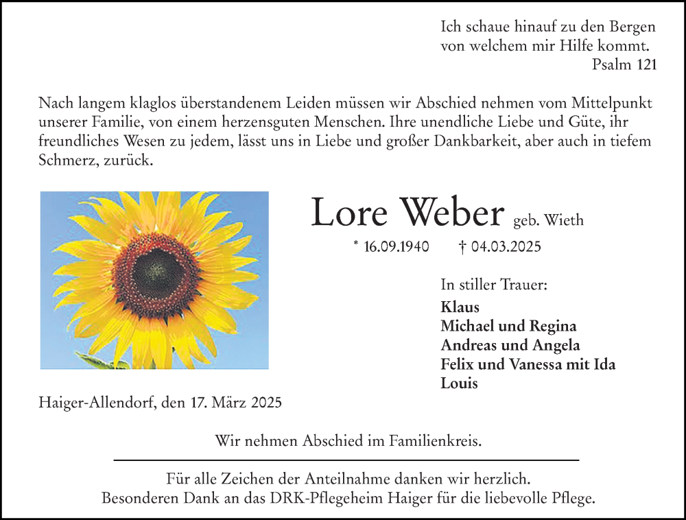  Traueranzeige für Lore Weber vom 17.03.2025 aus Dill Block