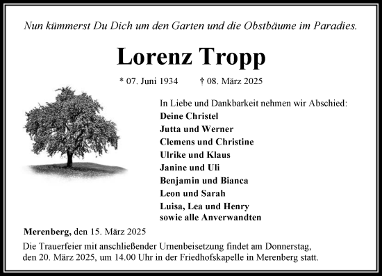 Traueranzeige von Lorenz Tropp von Weilburger Tageblatt