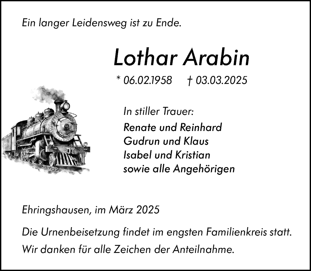  Traueranzeige für Lothar Arabin vom 08.03.2025 aus Wetzlarer Neue Zeitung