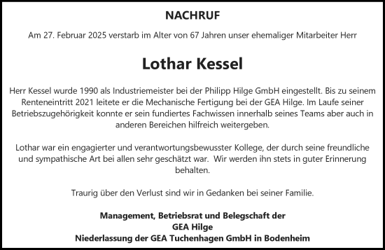 Traueranzeige von Lothar Kessel von Allgemeine Zeitung Mainz