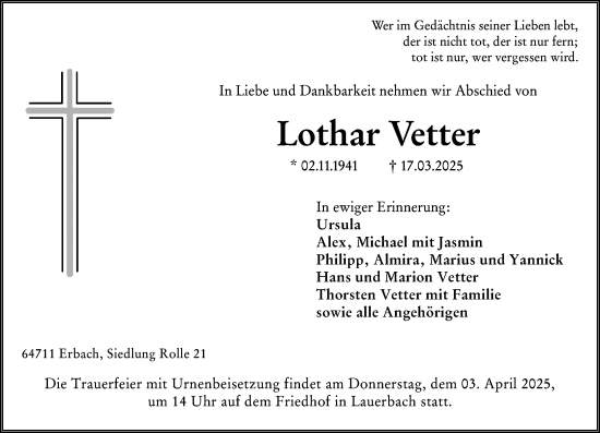 Traueranzeige von Lothar Vetter von Odenwälder Echo