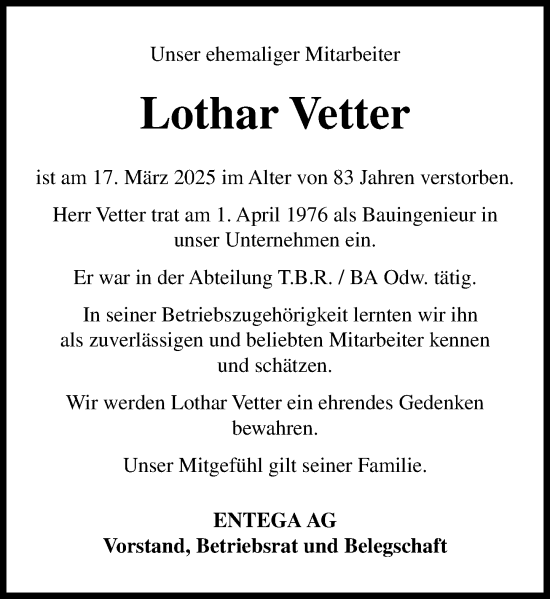 Traueranzeige von Lothar Vetter von Odenwälder Echo