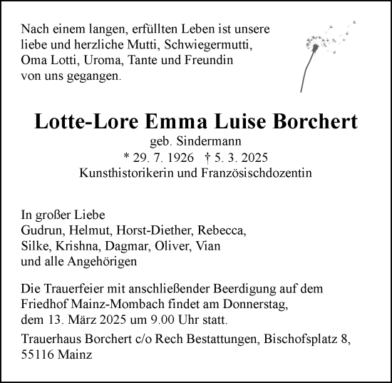 Traueranzeige von Lotte-Lore Emma Luise Borchert von Allgemeine Zeitung Mainz