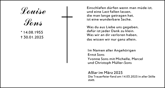 Traueranzeige von Louise Sons von Wetzlarer Neue Zeitung
