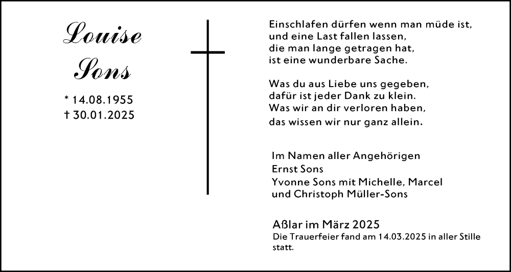  Traueranzeige für Louise Sons vom 22.03.2025 aus Wetzlarer Neue Zeitung