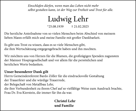 Traueranzeige von Ludwig Lehr von Allgemeine Zeitung Mainz