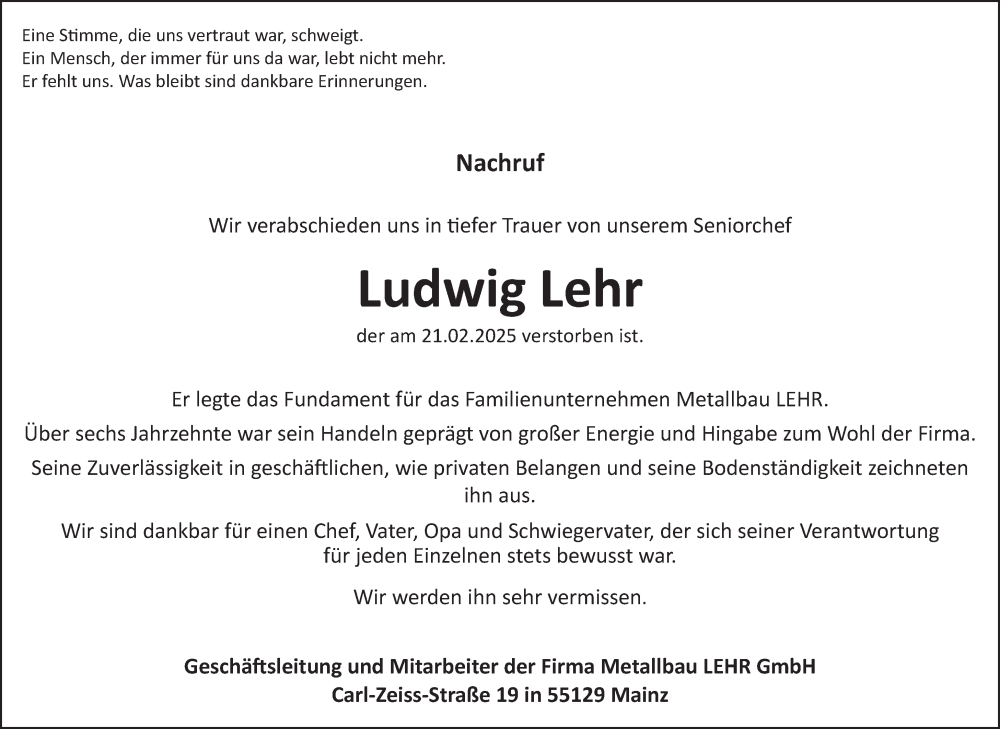  Traueranzeige für Ludwig Lehr vom 01.03.2025 aus Allgemeine Zeitung Mainz