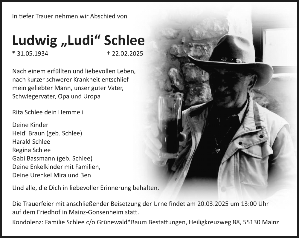  Traueranzeige für Ludwig Schlee vom 15.03.2025 aus Allgemeine Zeitung Mainz