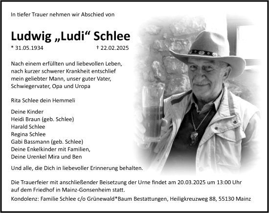 Traueranzeige von Ludwig Schlee von Allgemeine Zeitung Mainz