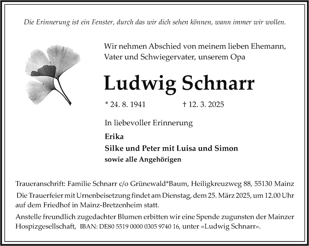  Traueranzeige für Ludwig Schnarr vom 22.03.2025 aus Allgemeine Zeitung Mainz