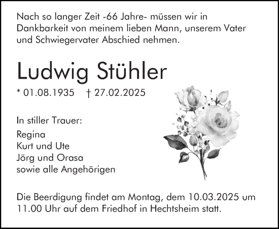 Traueranzeige von Ludwig Stühler von Allgemeine Zeitung Mainz