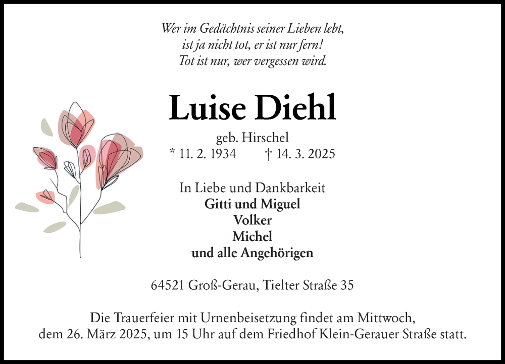  Traueranzeige für Luise Diehl vom 22.03.2025 aus Groß-Gerauer Echo
