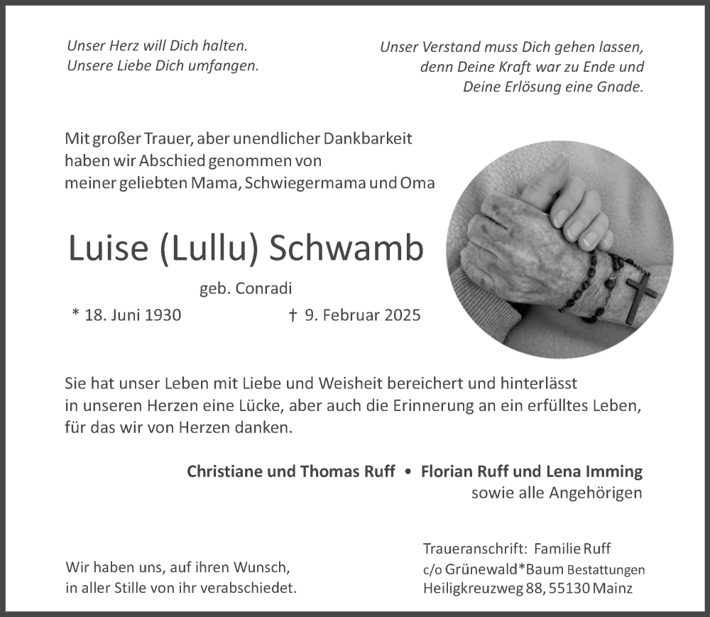  Traueranzeige für Luise Schwamb vom 01.03.2025 aus Allgemeine Zeitung Mainz