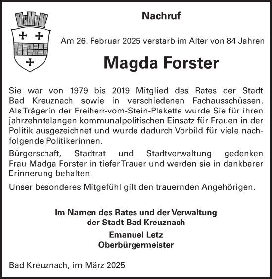 Traueranzeige von Magda Forster von Allgemeine Zeitung Rheinhessen-Nahe