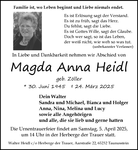 Traueranzeige von Magda Anna Heidl von Camberger Anzeiger