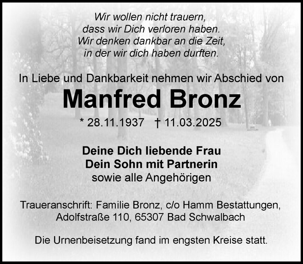  Traueranzeige für Manfred Bronz vom 29.03.2025 aus Wiesbadener Kurier