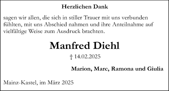 Traueranzeige von Manfred Diehl von Allgemeine Zeitung Mainz