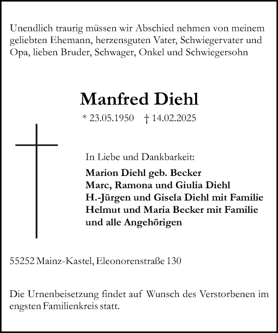 Traueranzeige von Manfred Diehl von Allgemeine Zeitung Mainz