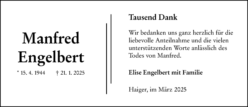  Traueranzeige für Manfred Engelbert vom 08.03.2025 aus Dill Block