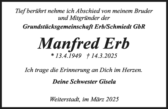 Traueranzeige von Manfred Erb von Darmstädter Echo