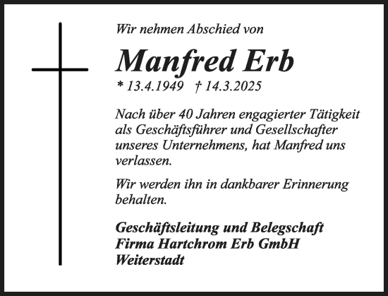 Traueranzeige von Manfred Erb von Darmstädter Echo
