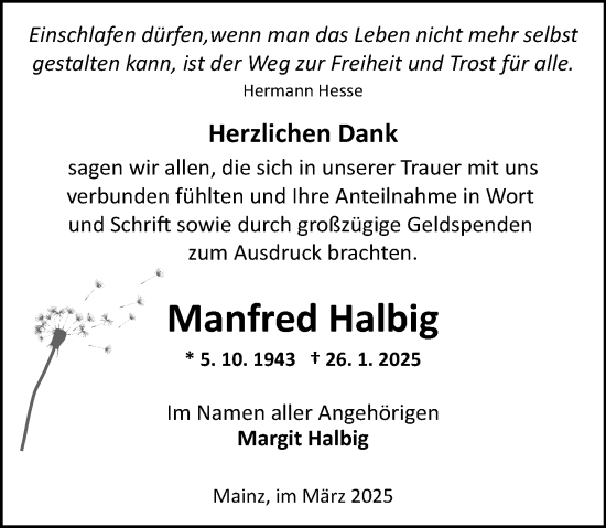 Traueranzeige von Manfred Halbig von Allgemeine Zeitung Mainz