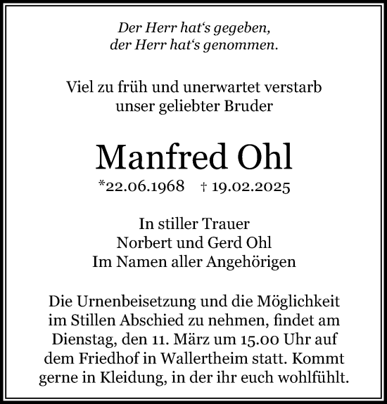 Traueranzeige von Manfred Ohl von Allgemeine Zeitung Alzey