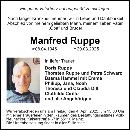 Traueranzeige von Manfred Ruppe von Allgemeine Zeitung Mainz