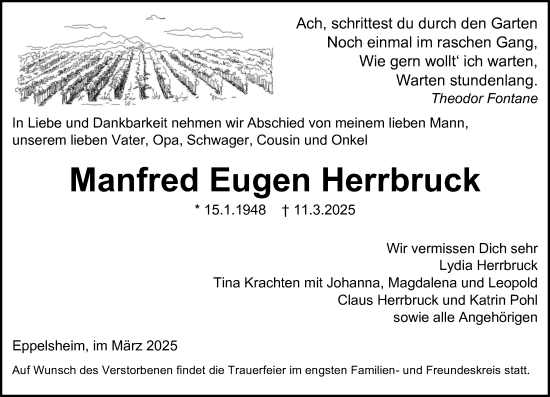 Traueranzeige von Manfred Eugen Herrbruck von Allgemeine Zeitung Alzey