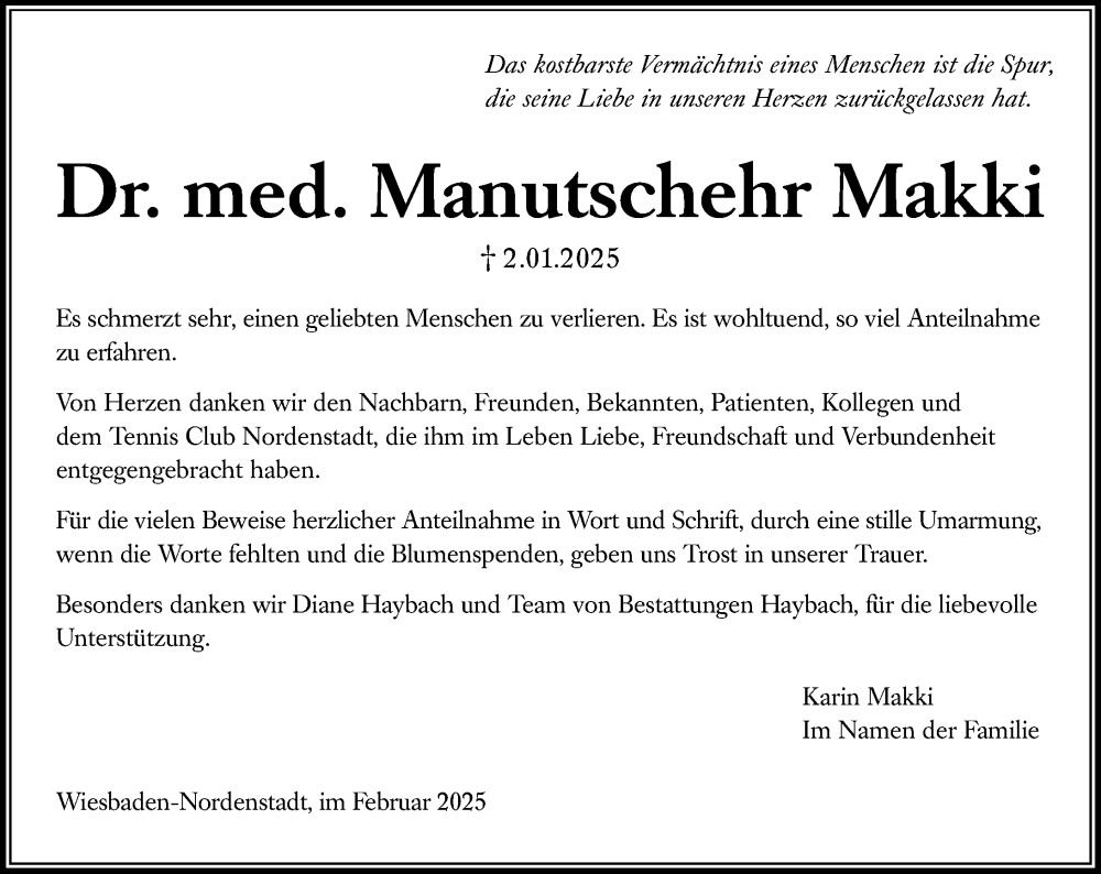  Traueranzeige für Manutschehr Makki vom 01.03.2025 aus Wiesbadener Kurier