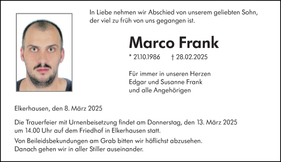 Traueranzeige von Marco Frank von Weilburger Tageblatt