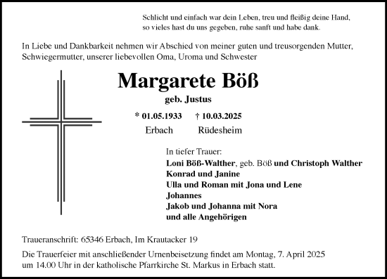 Traueranzeige von Margarete Böß von Rheingau Kurier