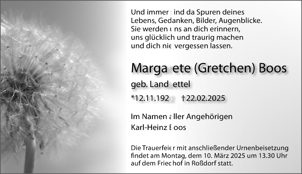  Traueranzeige für Margarete Boos vom 08.03.2025 aus Darmstädter Echo