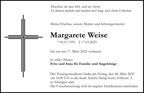 Traueranzeige von Margarete Weise von Darmstädter Echo