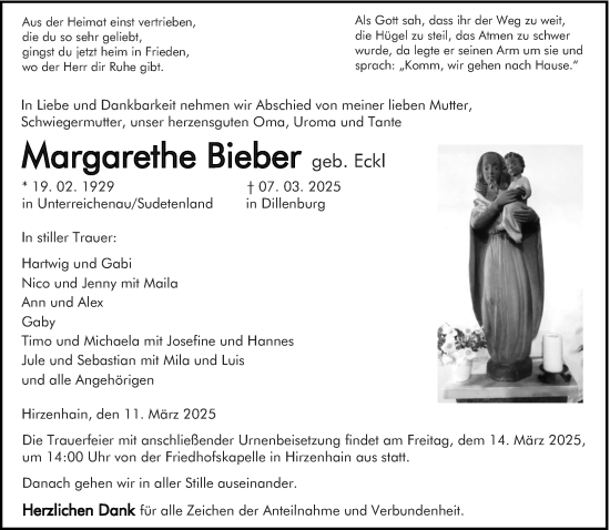 Traueranzeige von Margarethe Bieber von Dill Block