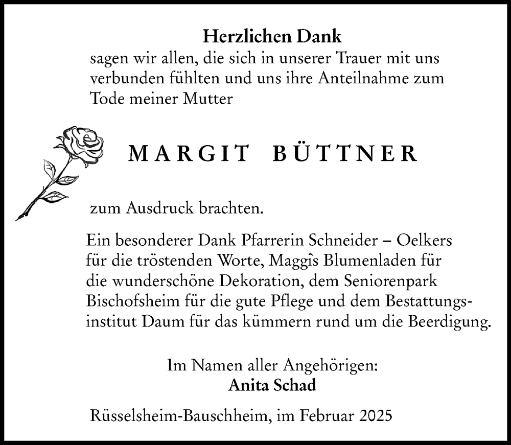  Traueranzeige für Margit Büttner vom 01.03.2025 aus Rüsselsheimer Echo