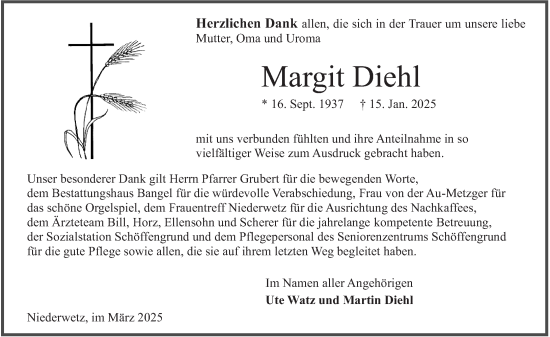 Traueranzeige von Margit Diehl von Wetzlarer Neue Zeitung