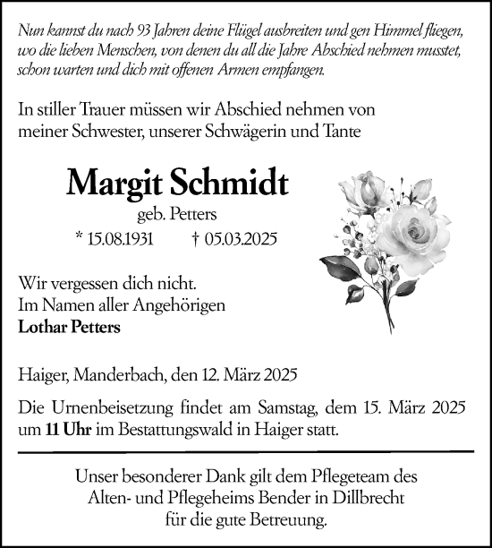 Traueranzeige von Margit Schmidt von Dill Block