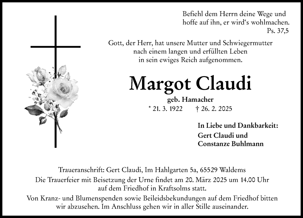  Traueranzeige für Margot Claudi vom 15.03.2025 aus Wetzlarer Neue Zeitung