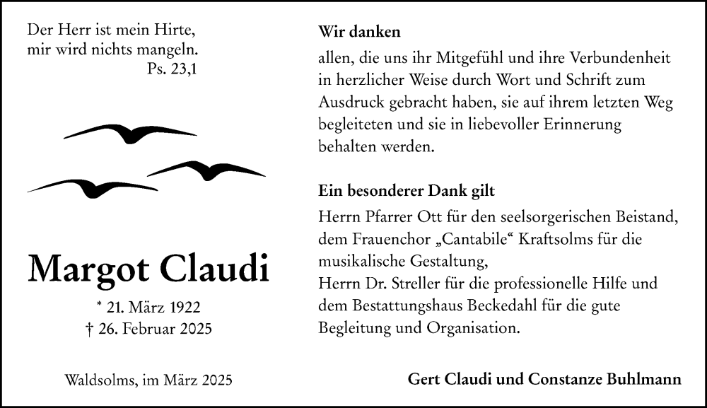  Traueranzeige für Margot Claudi vom 29.03.2025 aus Wetzlarer Neue Zeitung