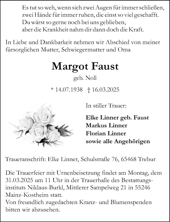 Traueranzeige von Margot Faust von Allgemeine Zeitung Mainz