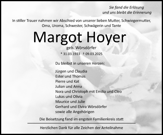 Traueranzeige von Margot Hoyer von Dill Block