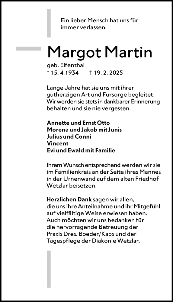  Traueranzeige für Margot Martin vom 01.03.2025 aus Wetzlarer Neue Zeitung